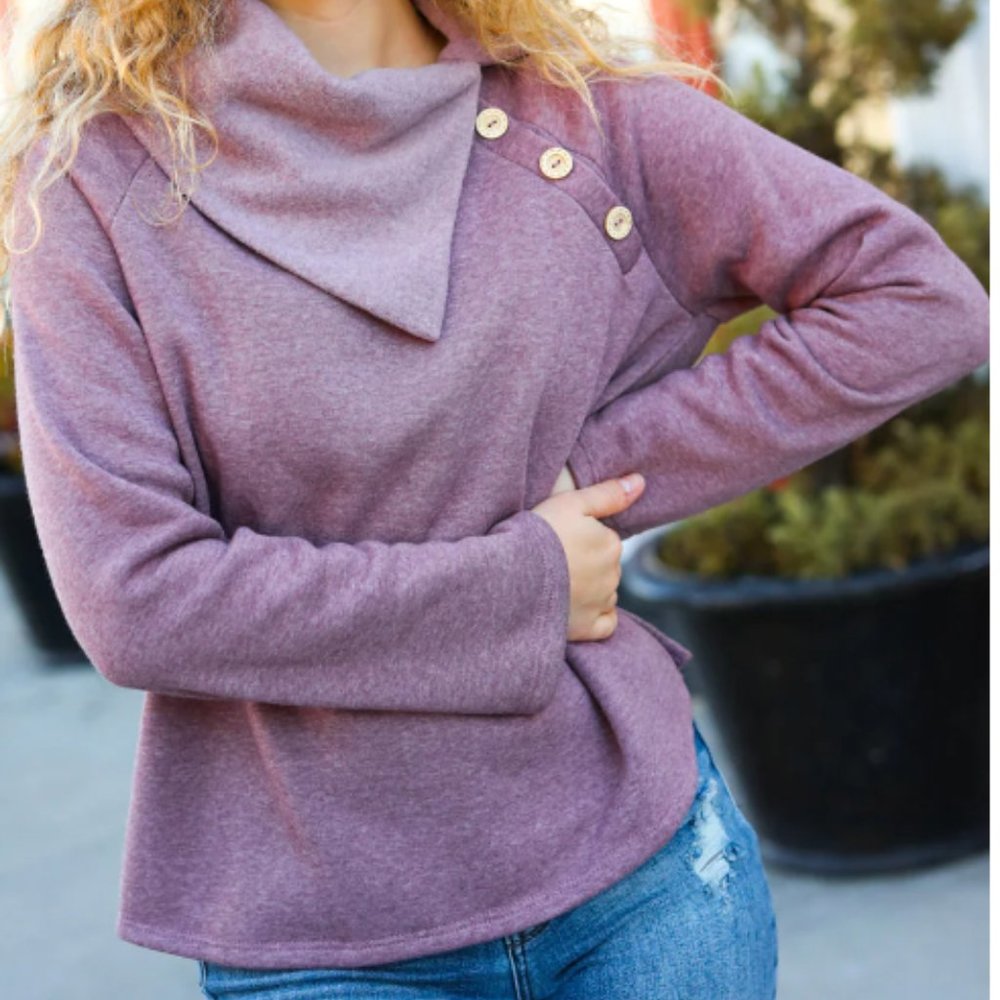 SMALL CY Fashion Tries and True Mauve Cowell Neck Button Detail Sweater